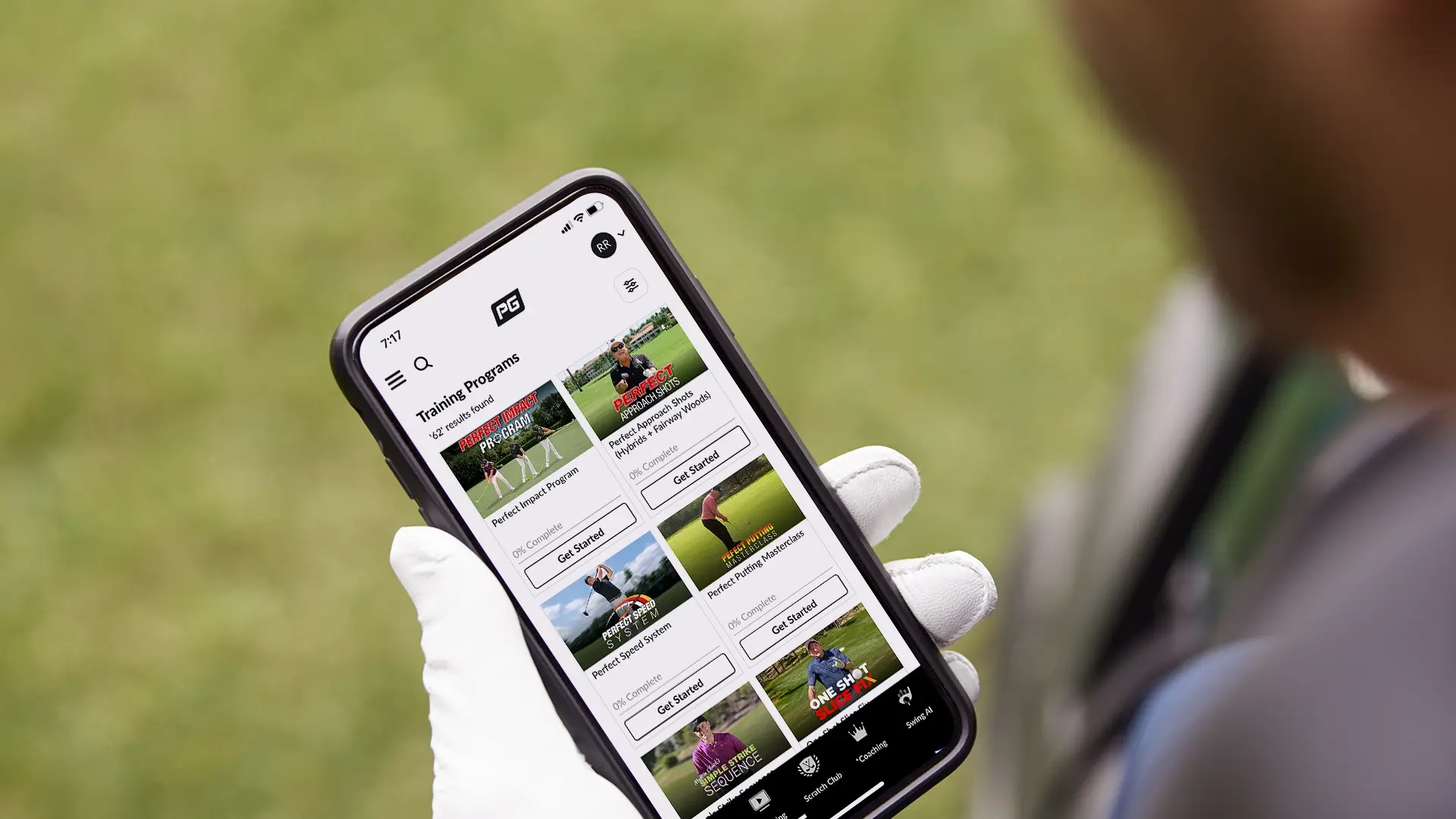 Mobile phone showing the performance golf app