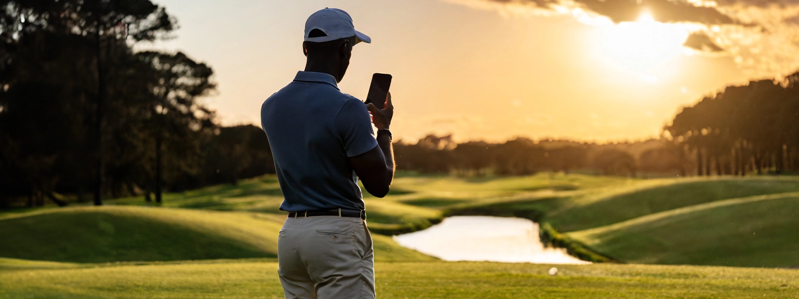 Man on a golf course, back to the camera on his phone, sunrise in the background
