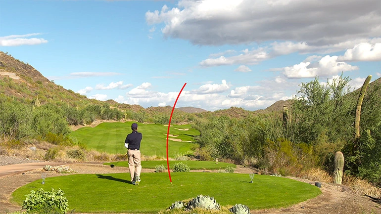 Golfer slicing the ball showing with a red line hooking to the right