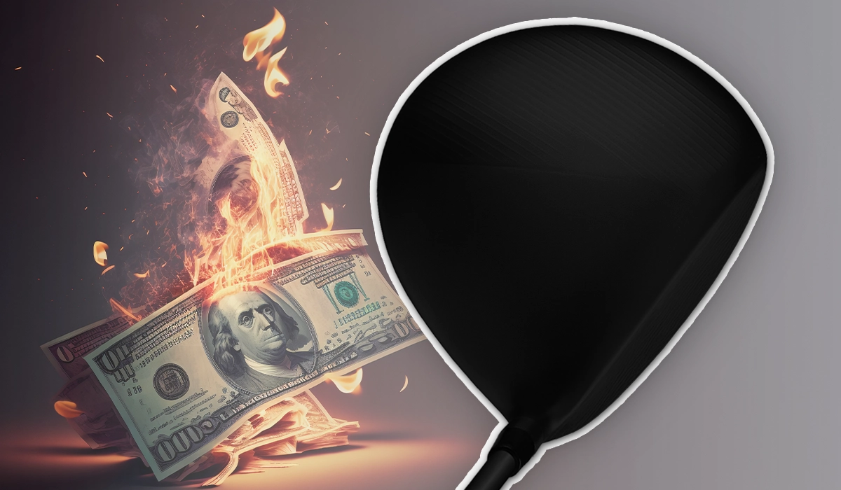 Image of a golf club with money burning behind it.