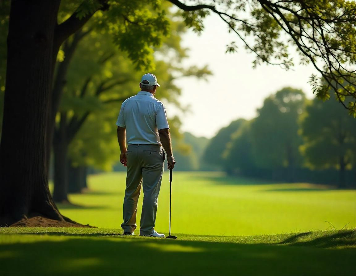 Older golfer standing on the golf course looking out at it.