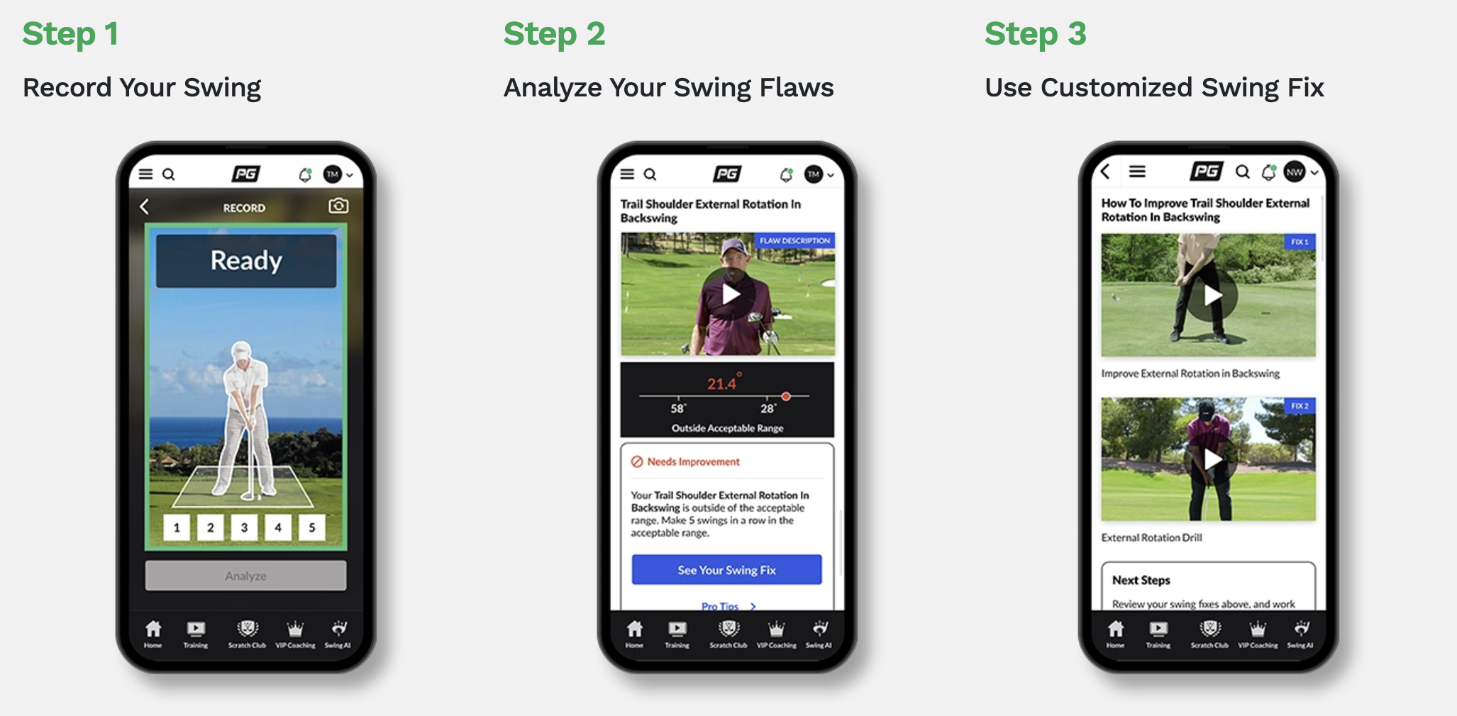 Screenshots from the Performance Golf SwingFix AI app.