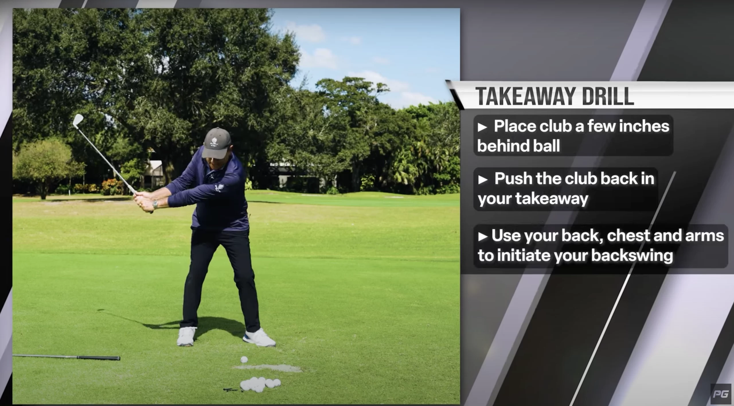 Performance Golf coach Rick Smith demonstrating a takeaway drill on the golf course.