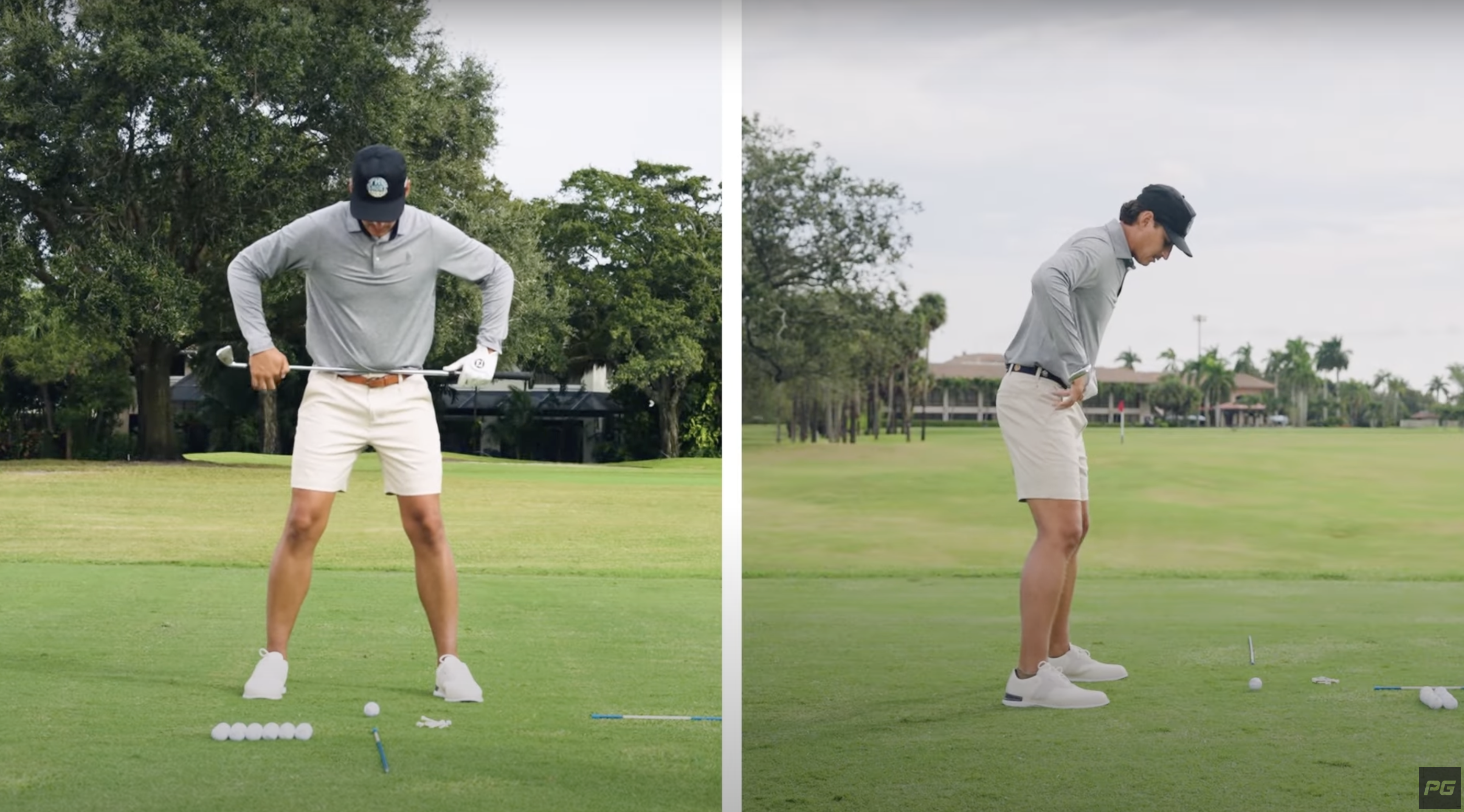 Two photos side by side of Performance Golf coach JT Thomas  demonstrating a golf swing drill holding the golf club across his belt buckle.
