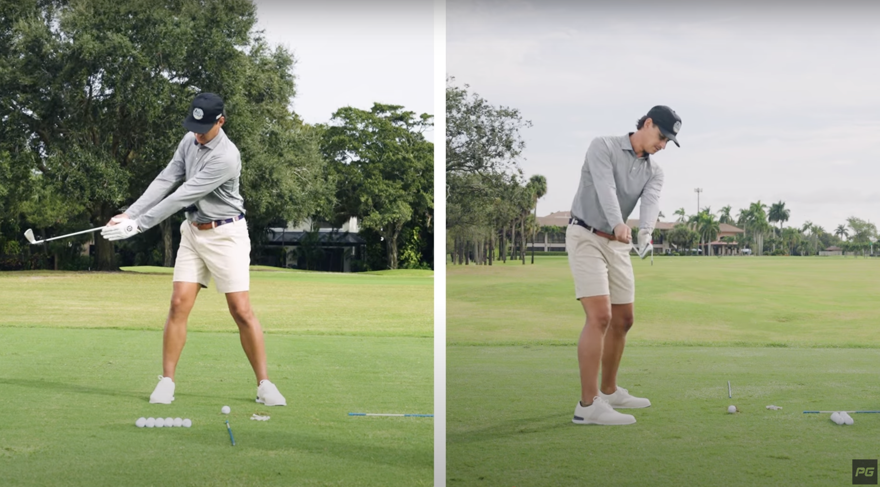 Two photos side by side of Performance Golf coach JT Thomas  demonstrating a golf swing drill by holding both his arms out, with one parallel to the other holding a golf club.