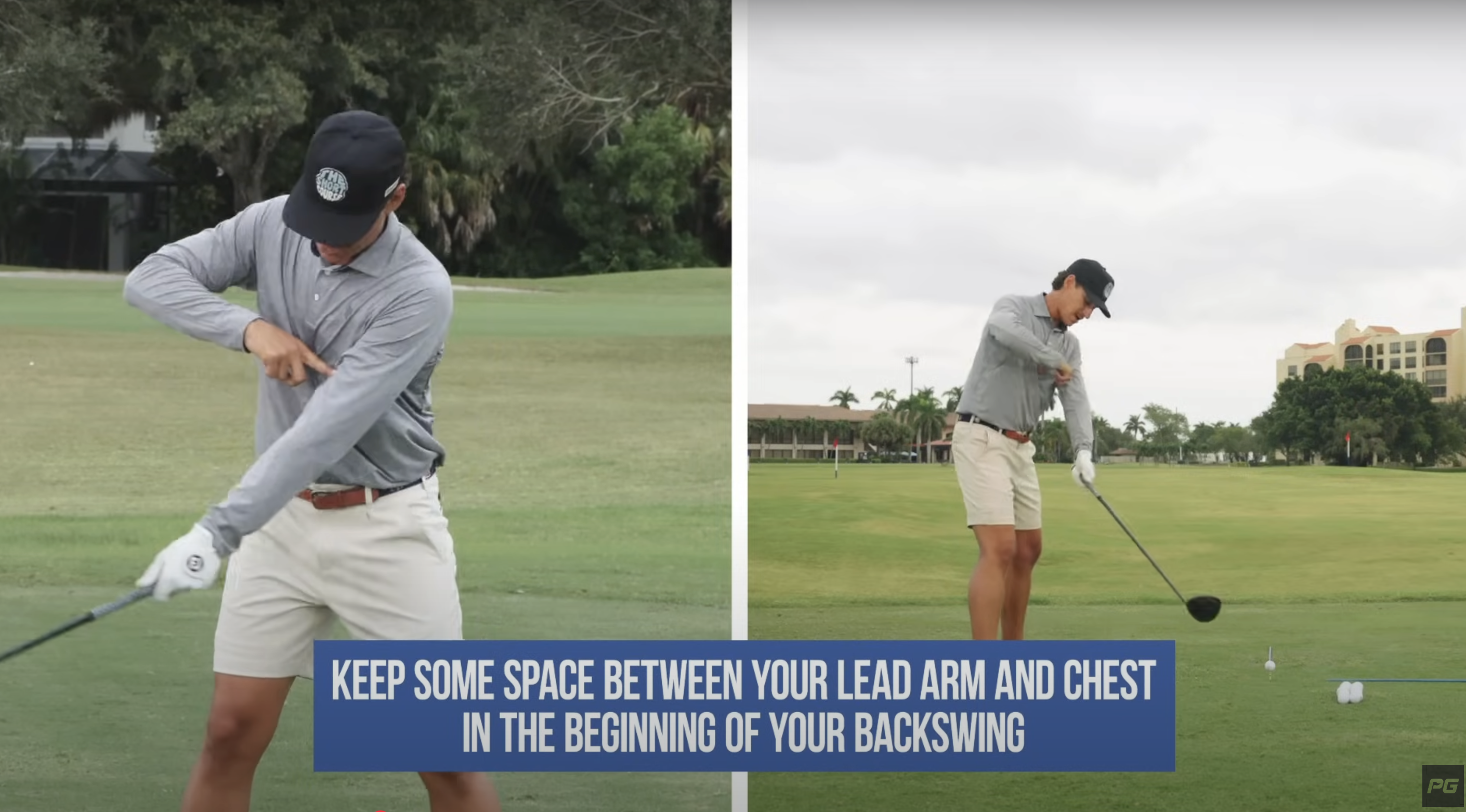 Performance Golf coach JT Thomas demonstrating how to keep space between your lead arm and chest in the beginning of your golf backswing.