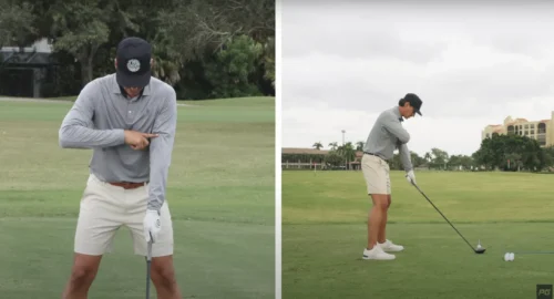 Performance Golf coach JT Thomas demonstrating where to keep your arm to increase power in the golf swing.