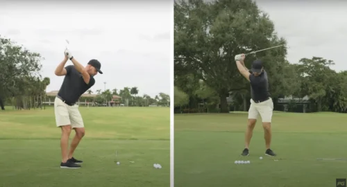 Performance Golf coach Eric Cogorno showcasing the golf swing drill to slow down the golf swing.