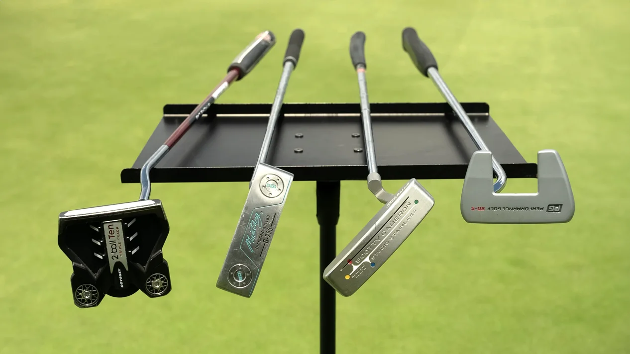 A lineup of golf putters, featuring the Performance Golf SQ Putter.