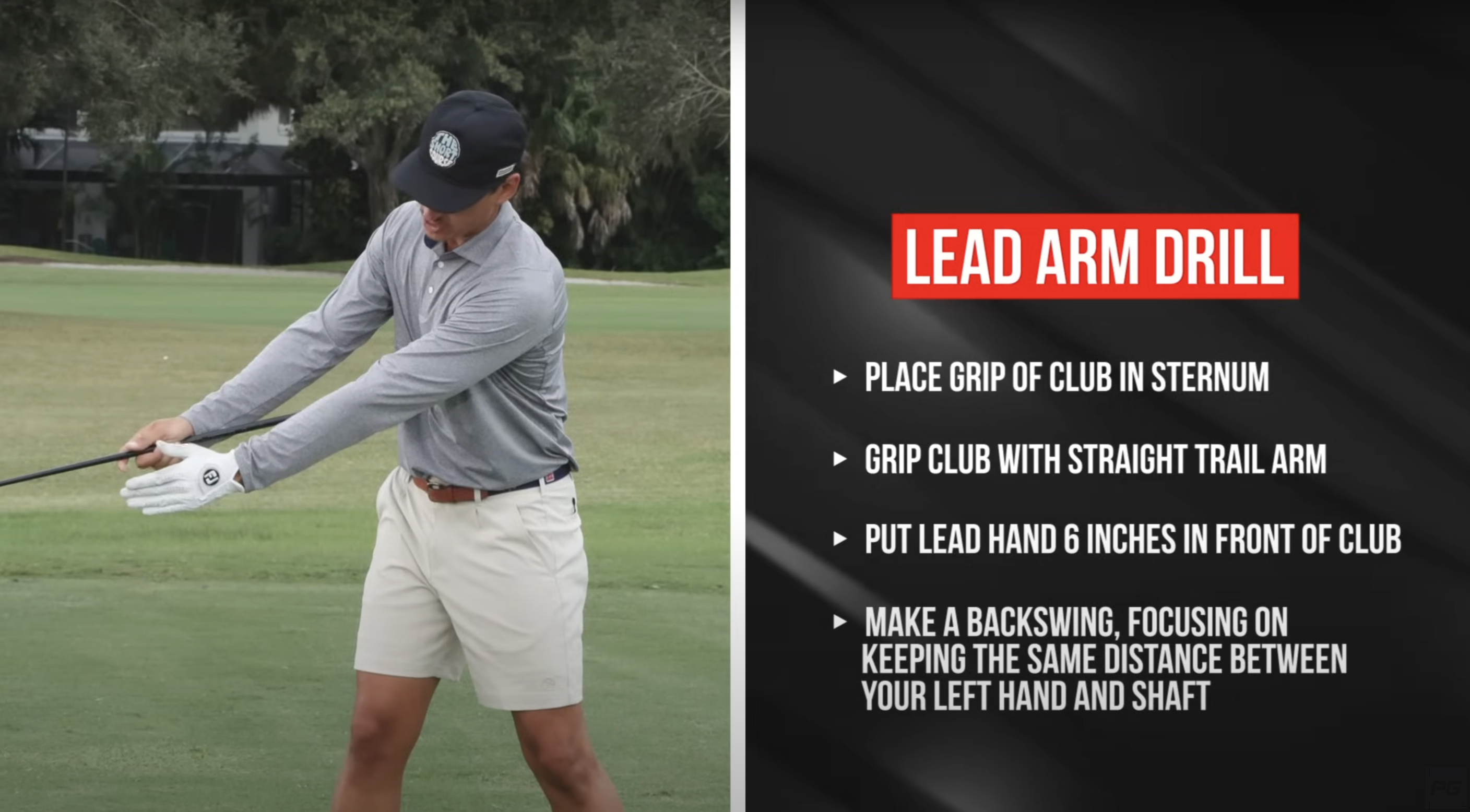 Performance Golf coach JT Thomas demonstrating the lead arm drill, holding the golf club between his arms and resting on his sternum.