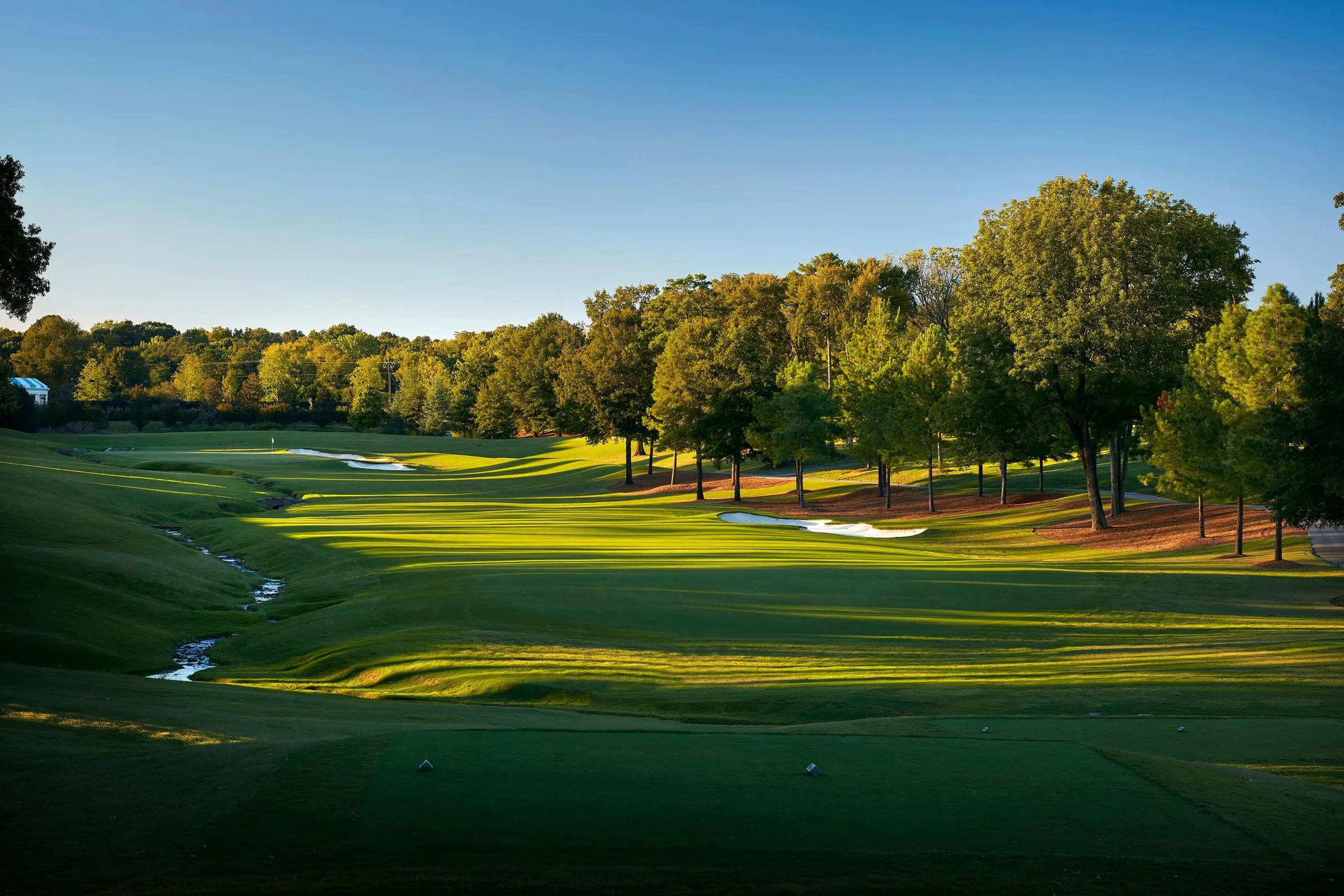 Hole 18 at the Quail Hollow Club golf course in Charlotte, North Carolina, the host of the 2025 PGA Championship.