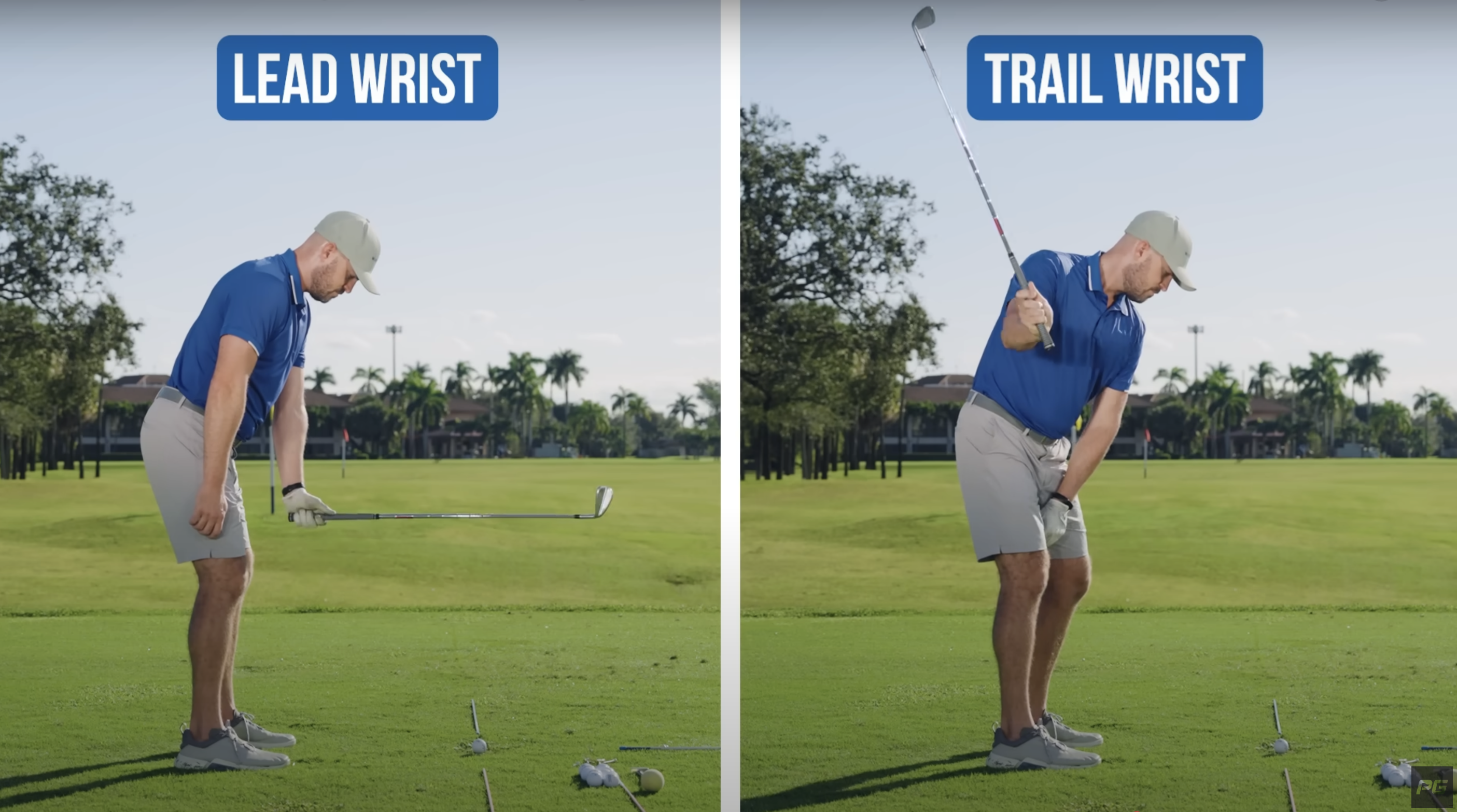 Side by side of Eric Cogorno with lead wrist on the left and trail wrist on the right to demonstrate a wrist hinge drill.