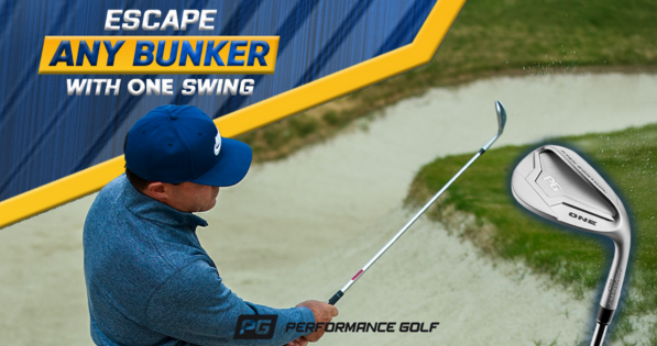 Golfer escaping a bunker with ONE Wedge and overlay text saying “Escape Any Bunker With One Swing.”