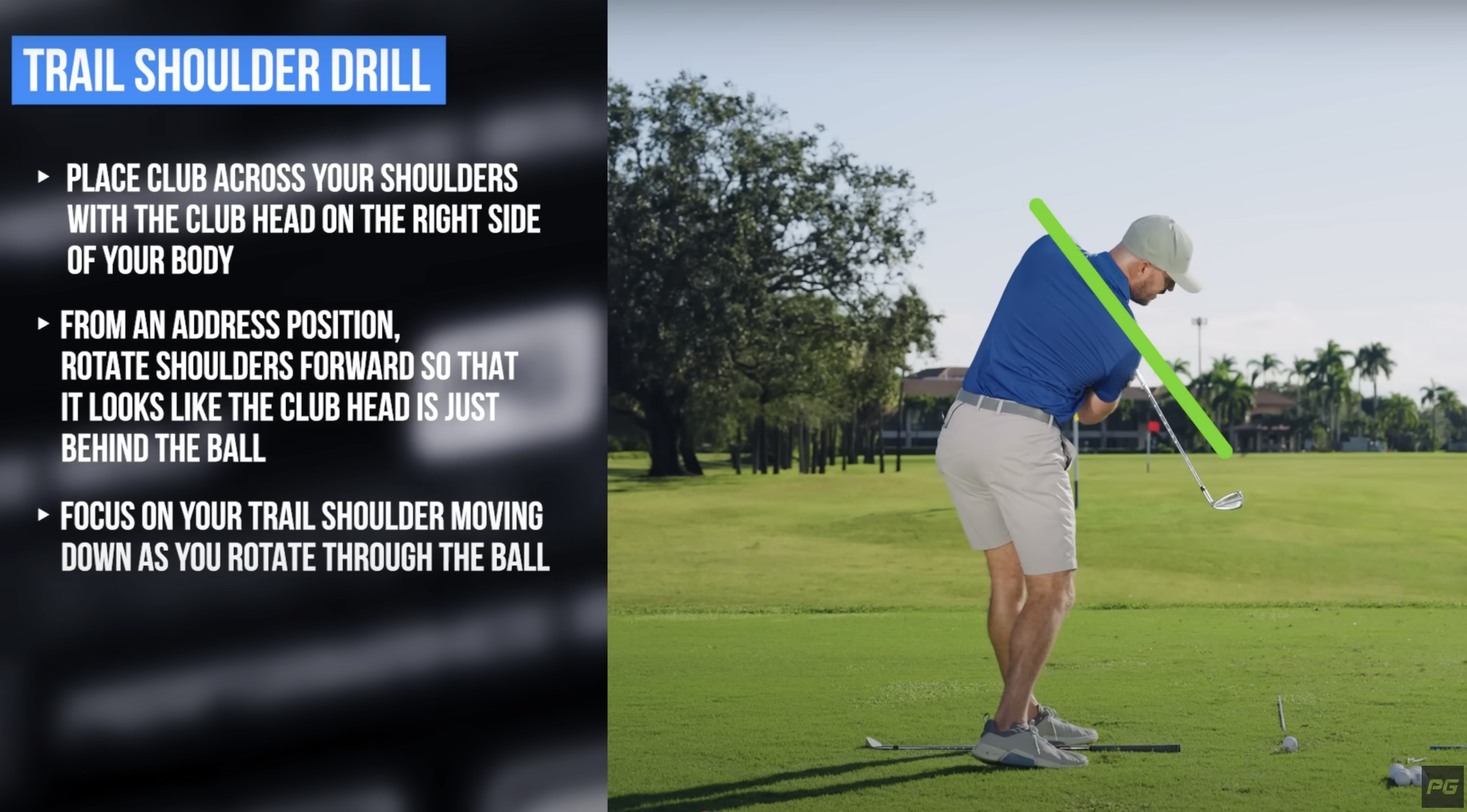Eric Cogorno demonstrating the correct shoulder and arm position in the golf swing follow through.