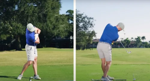 Performance Golf coach showcasing a shoulder tilt drill that helps get better golf ball contact and consistency.