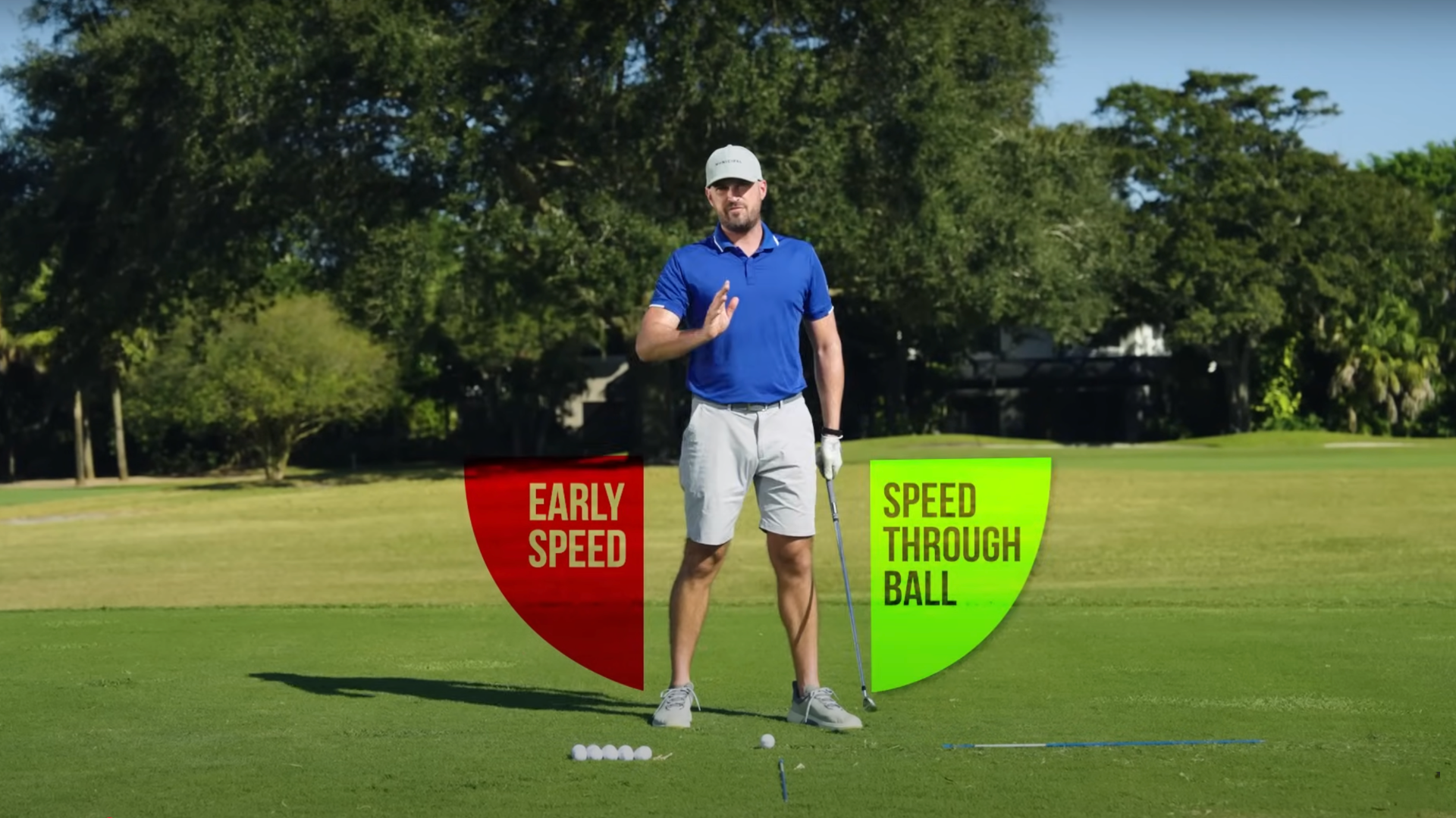 Performance Golf coach standing on the golf course with red and green areas showing where you want to have speed through the ball in the golf swing.