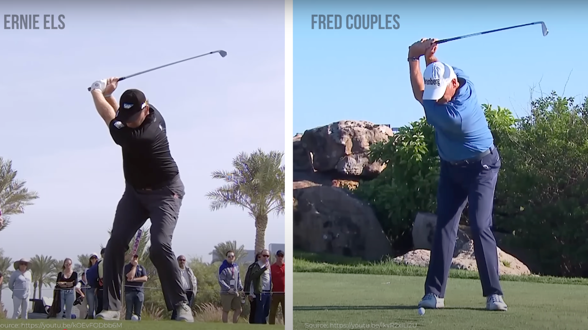 Shots of pro golfers Ernie Els and Fred Couples who are known for great tempo in their golf swings.