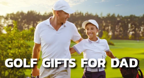 A man and his son on the golf course carrying golf club bags.