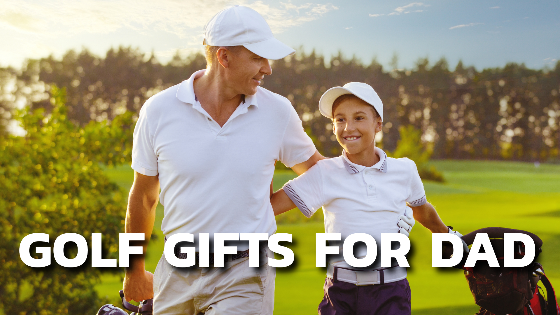 A man and his son on the golf course carrying golf club bags.