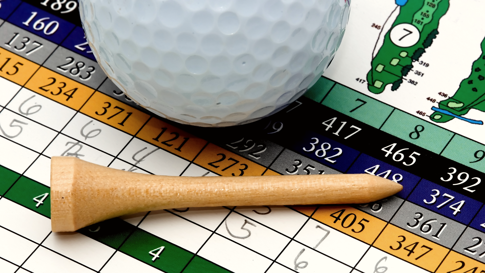 A close up of a golf score card with a tee and golf ball.