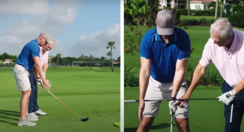 Performance Golf coaches Eric Cogorno and Martin Hall discuss the proper golf swing takeaway in a drill.