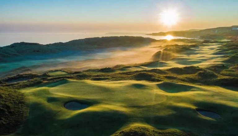 An aerial view of the Dunluce Links course at Royal Portrush in Northern Ireland.