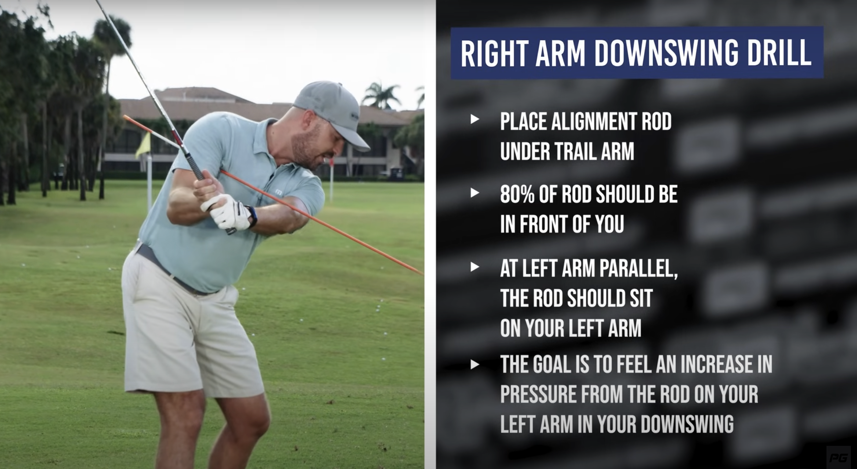 Performance Golf's Eric Cogorno with a side by side of a right arm downswing drill showcasing the steps of the drill.
