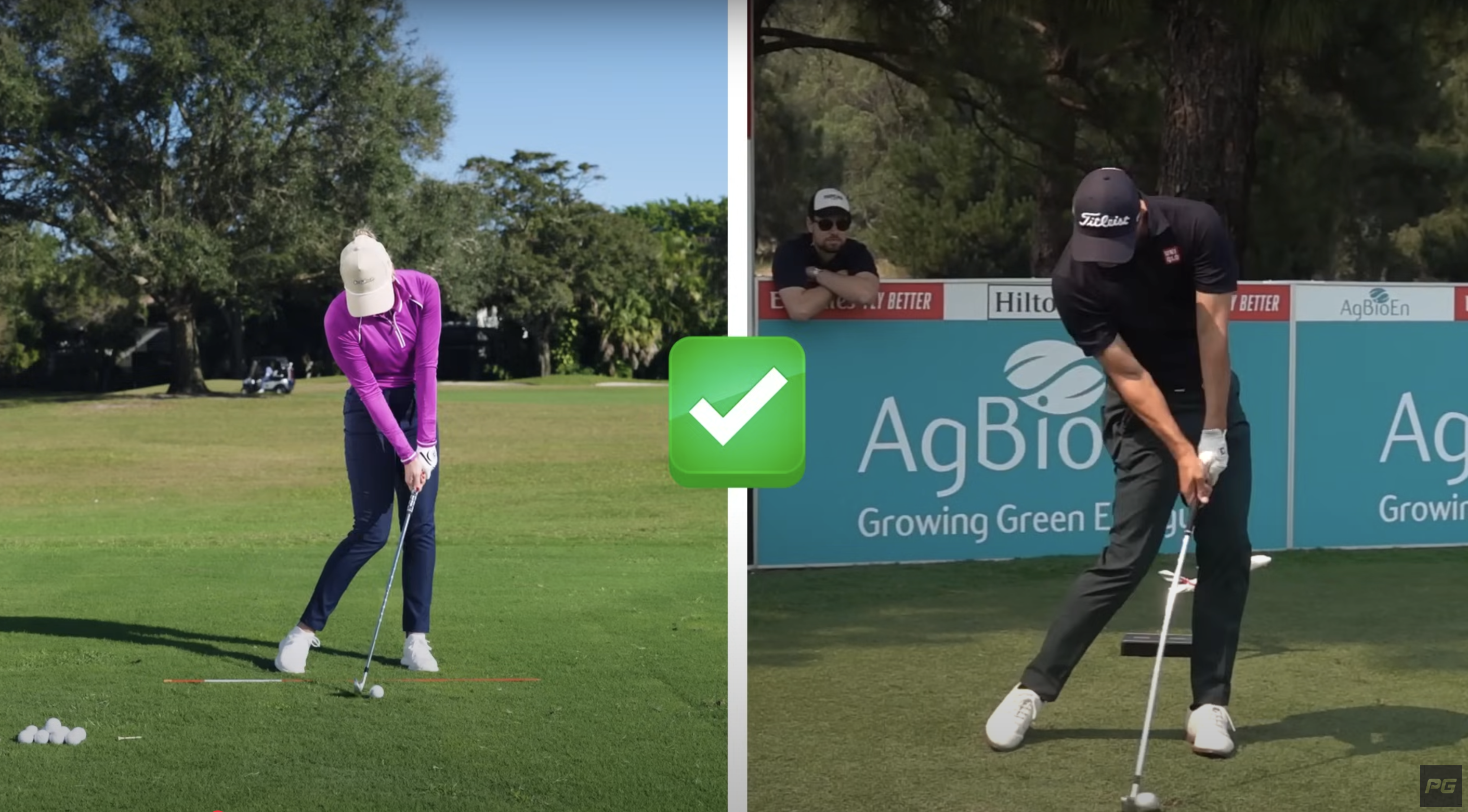 Side by side of a Performance Golf coach and a professional golfer showcasing how to properly set up the golf swing shaft lean at impact.