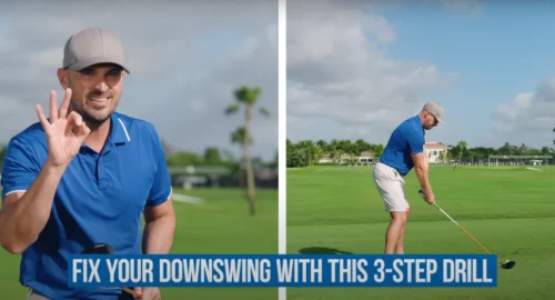 Two side-by-side images of Performance Golf coach Eric Cogorno on the golf course, holding three fingers up on the left and teed up with a driver on the right.
