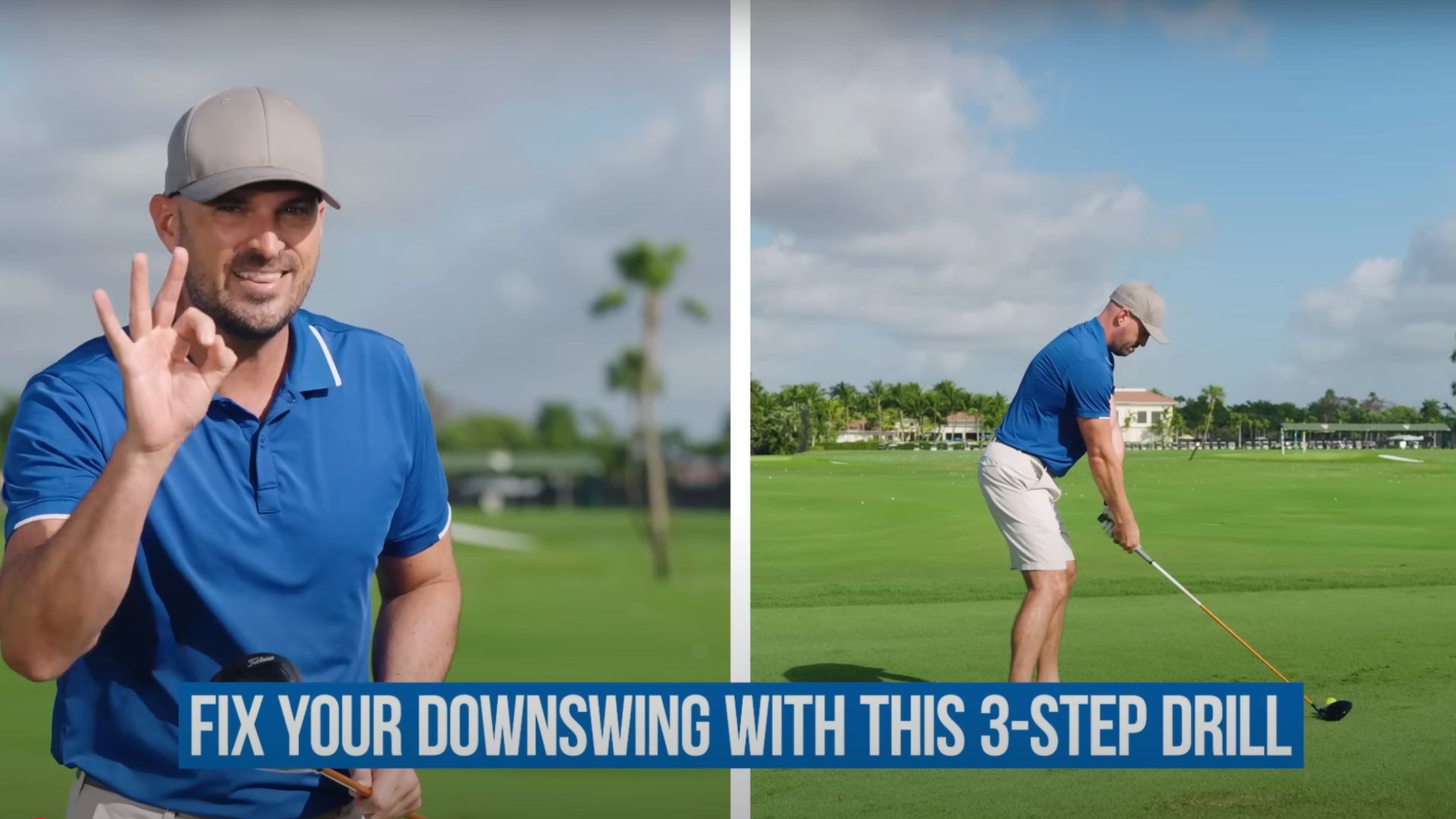 Two side-by-side images of Performance Golf coach Eric Cogorno on the golf course, holding three fingers up on the left and teed up with a driver on the right.