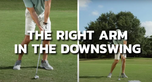 Side-by-side of Performance Golf’s Eric Cogorno showcasing the right arm in the downswing.