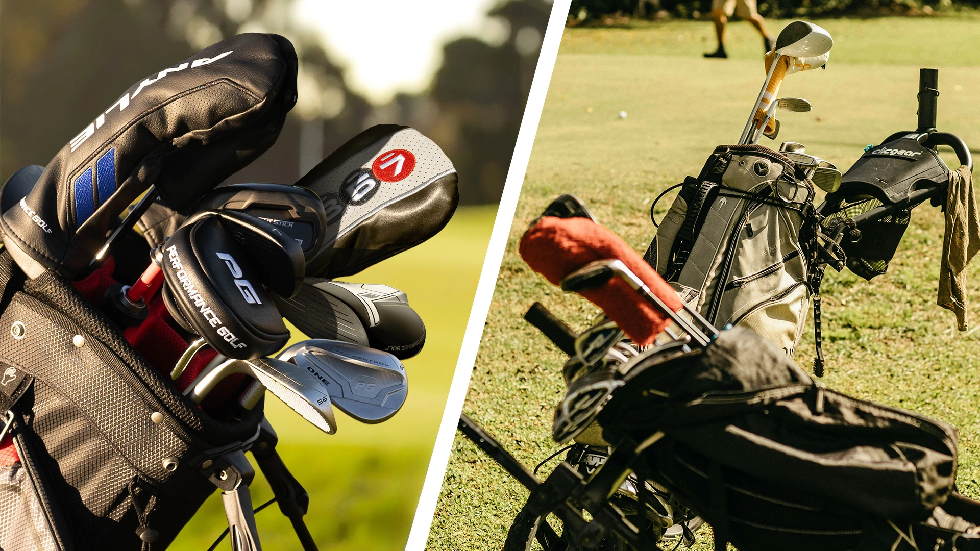 A side by side comparison of a streamlined golf bag featuring Performance Golf clubs and a messy, outdated golf club bag on the right.