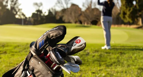 A streamlined golf bag featuring a variety of Performance Golf’s swing-fixing hybrid golf clubs, including the 357 Fairway-Hybrid Wood and AnyLie Hybrid.