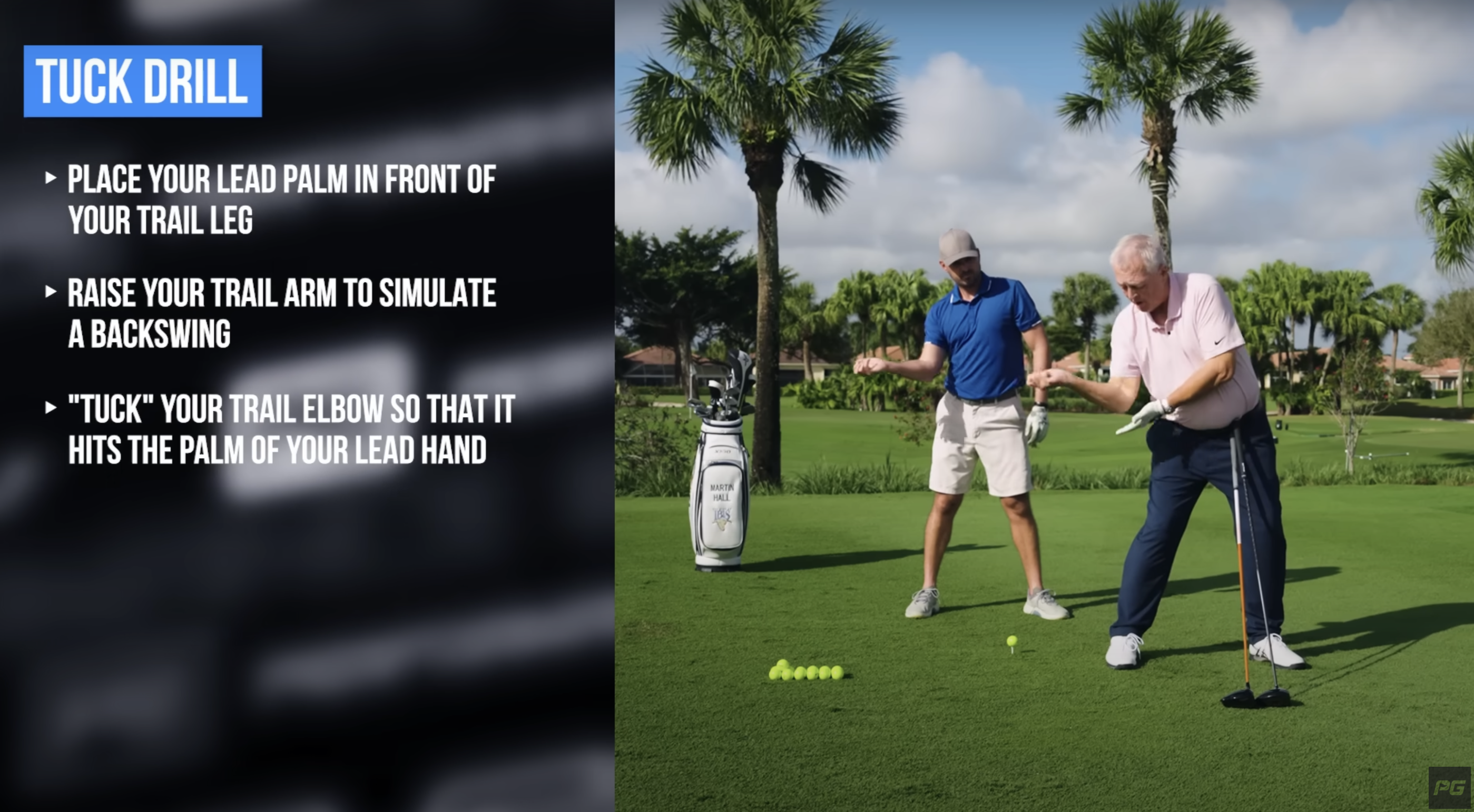 Performance Golf coach Eric Cogorno and legendary instructor Martin Hall tucking the elbow in during the downswing in a golf driver drill.