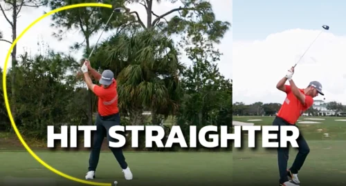 Side by side of two different angles of a golfer showing proper form and how to hit the golf ball straighter.