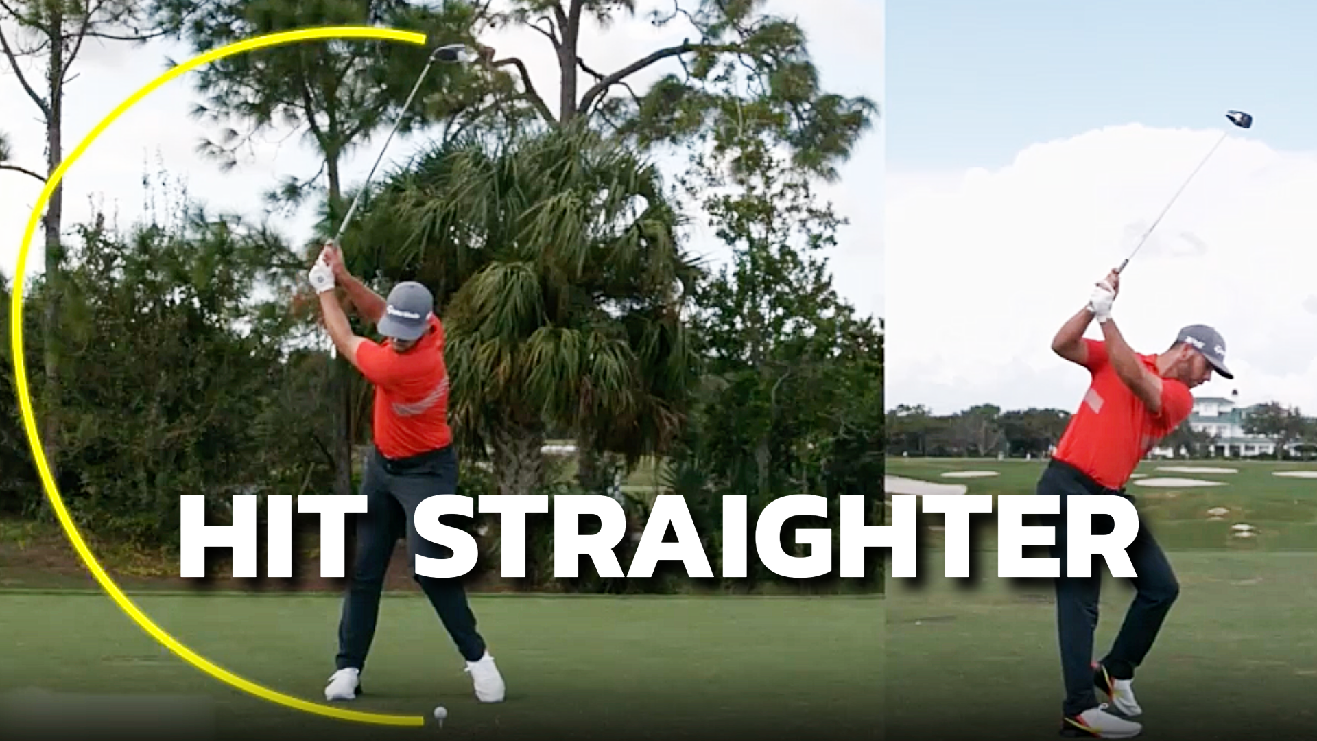 Side by side of two different angles of a golfer showing proper form and how to hit the golf ball straighter.