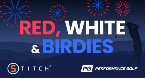 The shadow of a golfer with the text “Red, White & Birdies,” featuring the Performance Golf and Stitch logos and fireworks illustrations in the background.