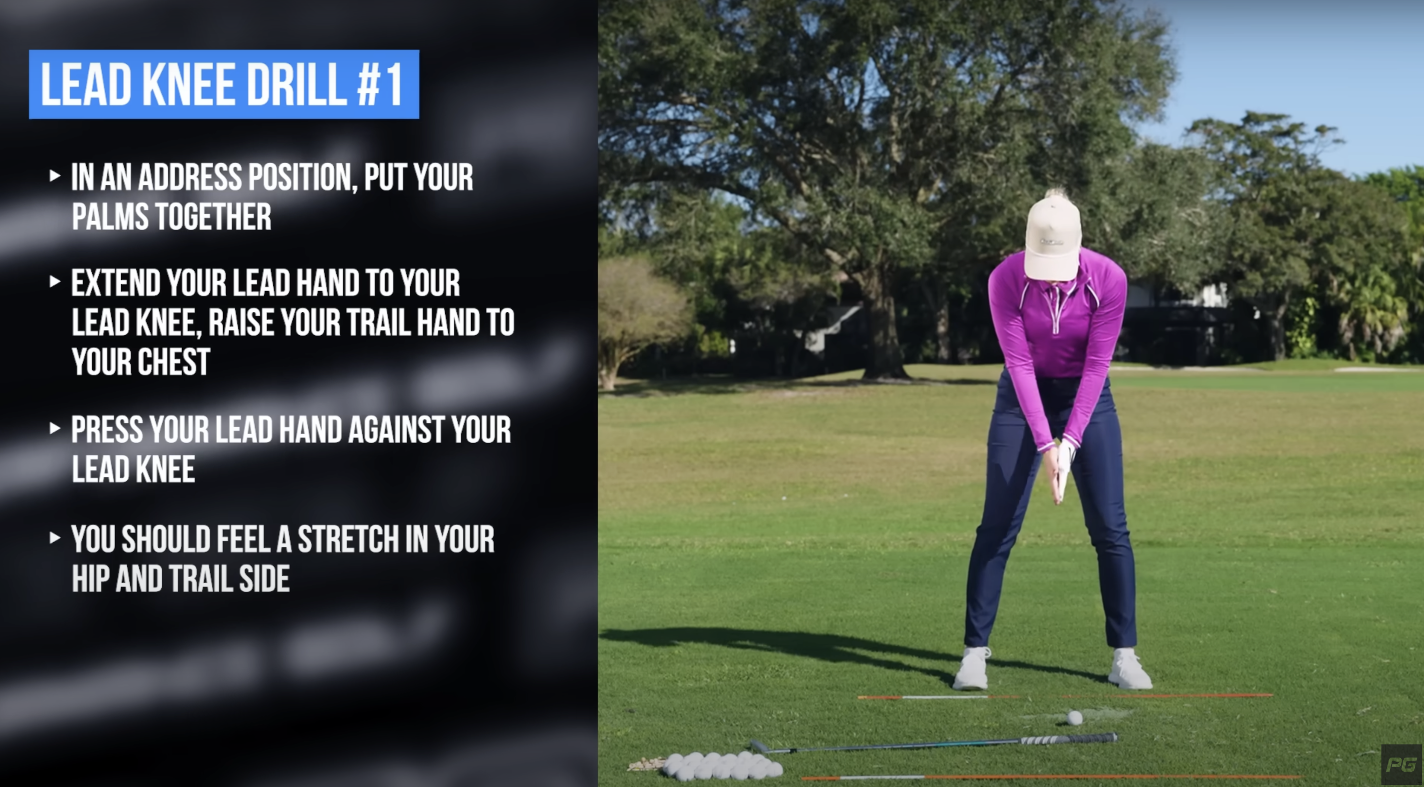 A golf coach showing both palms pressed together, with a list of how to perform a golf drill on the left.