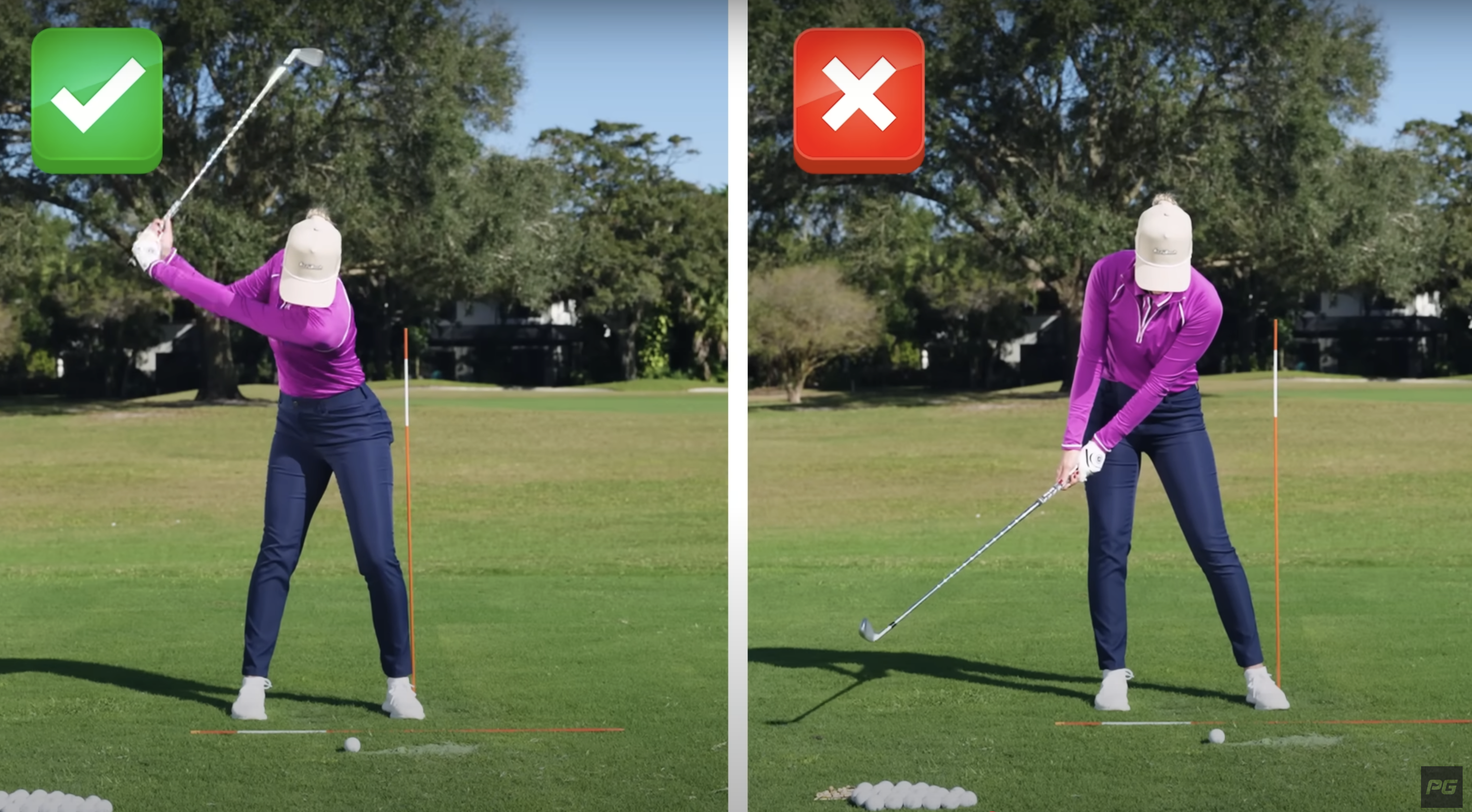 A side by side of a golf coach using alignment sticks to show the proper knee placement and movement in the backswing.
