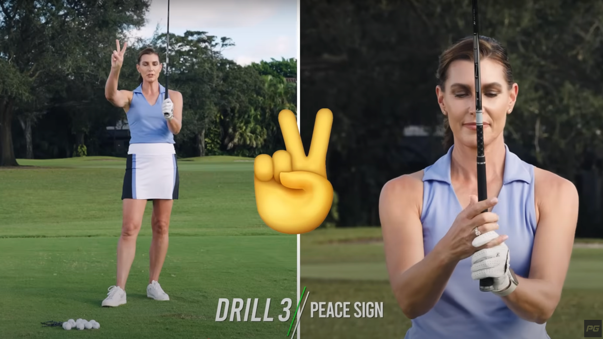 Erika Larkin showcases the peace sign, and interlocking fingers on the golf grip for the final drill in the hands free swing.