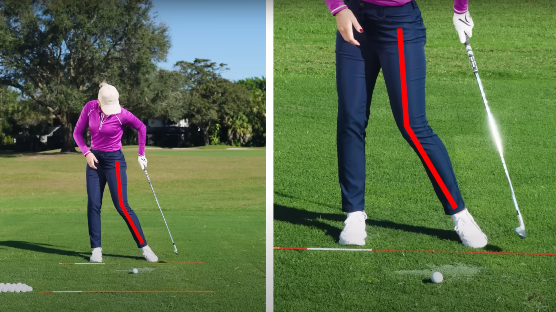 Golf Coach showing the right positioning of the knee, with an alignment stick at their feet and the golf ball on the ground in front.