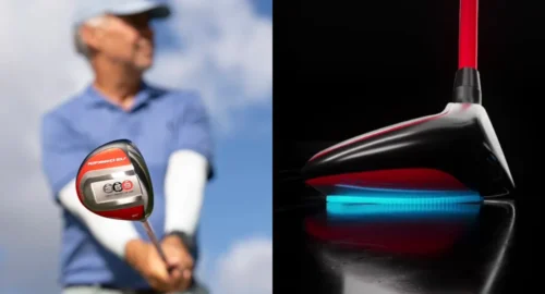 A side by side feature of a golfer holding the 359 Fairway Wood by Performance Golf club on the left, and an up close design of the side of the 359 club on the right.