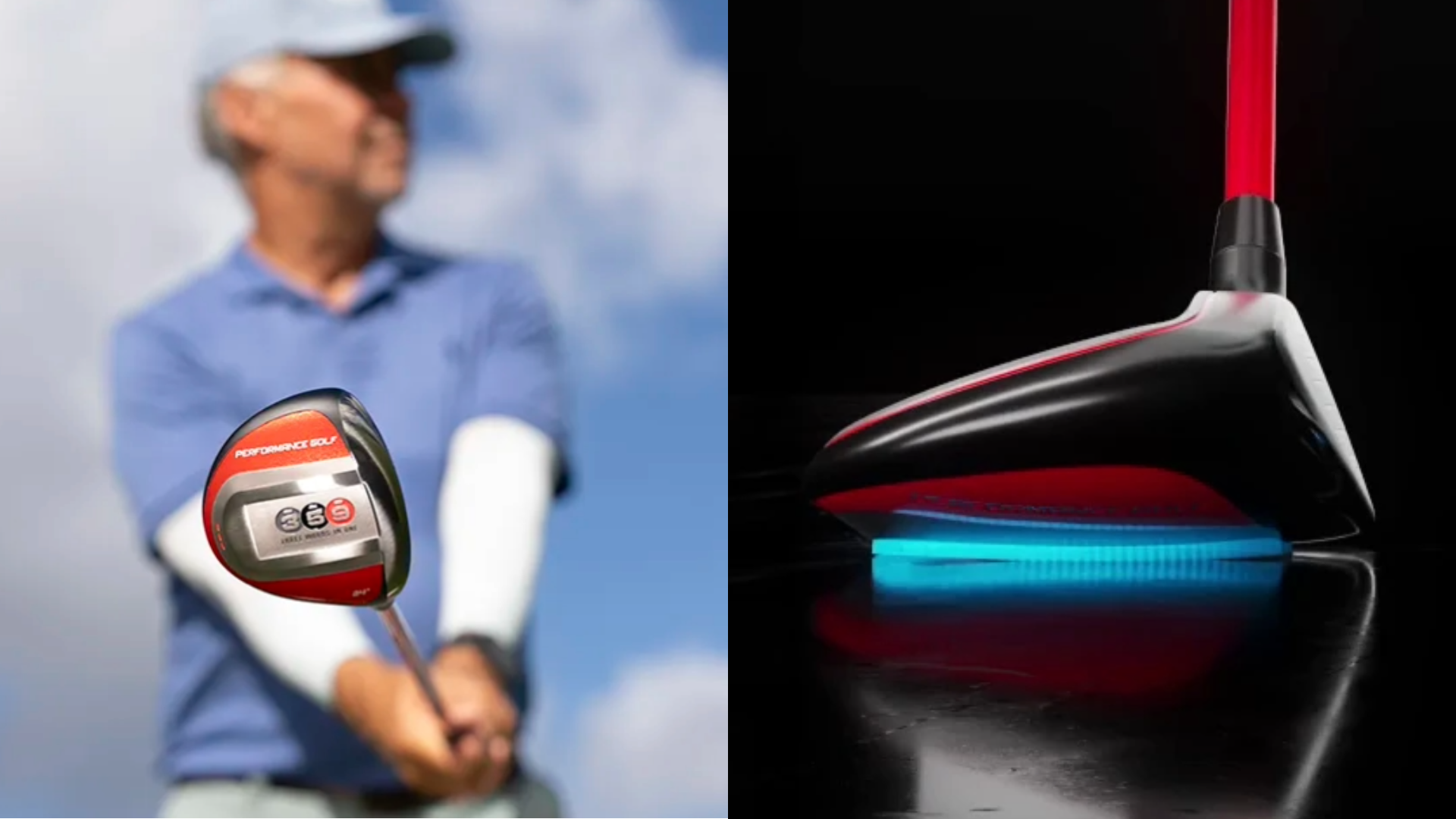 A side by side feature of a golfer holding the 359 Fairway Wood by Performance Golf club on the left, and an up close design of the side of the 359 club on the right.