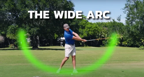 Performance Golf coach Eric Cogorno demonstrating the proper wide arc in the driver golf swing.