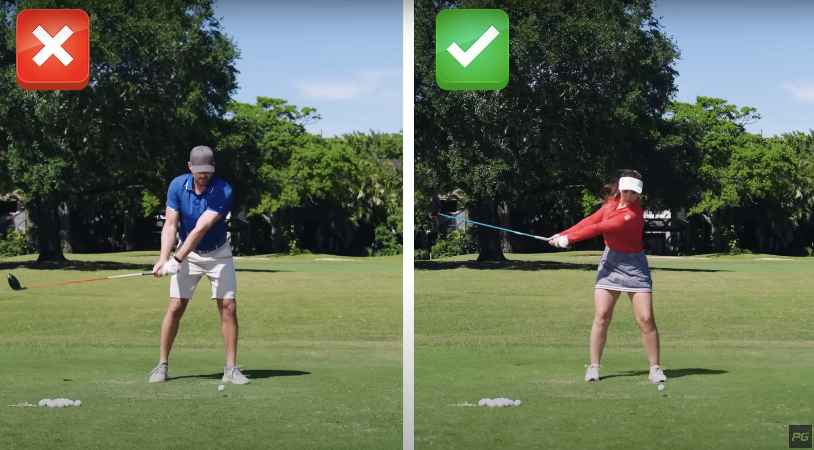 Two golf coaches showing the improper backswing in a driver setup to the correct setup of the arms, shoulders and torso on the right.