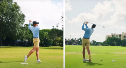 Performance Golf coach showcasing the proper swing with the right hip movements and downswing to achieve contact, timing and distance.