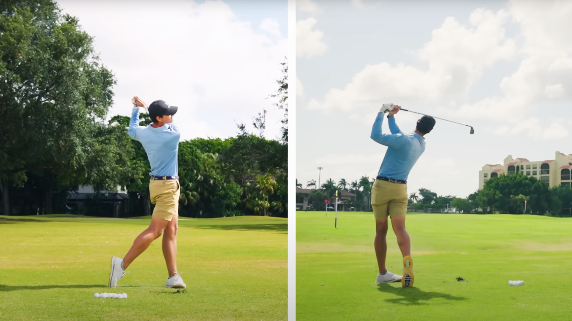 Performance Golf coach showcasing the proper swing with the right hip movements and downswing to achieve contact, timing and distance.