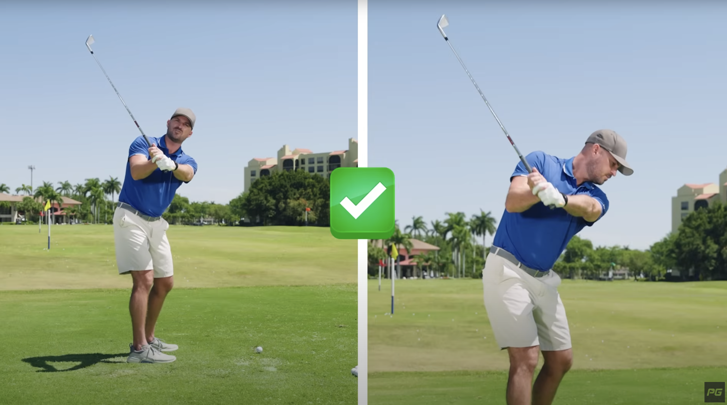 Performance Golf coach showing a side by side of the correct grip and wrist hinge in the backswing.
