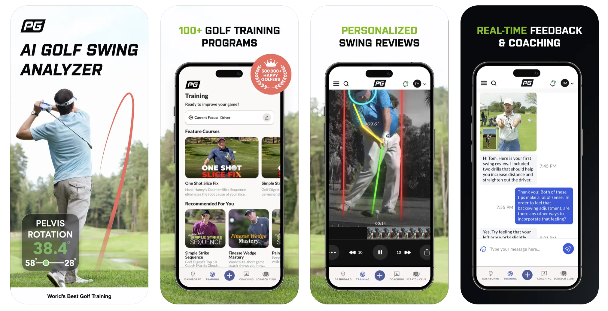 Screenshots of the Performance Golf SwingFix AI app.