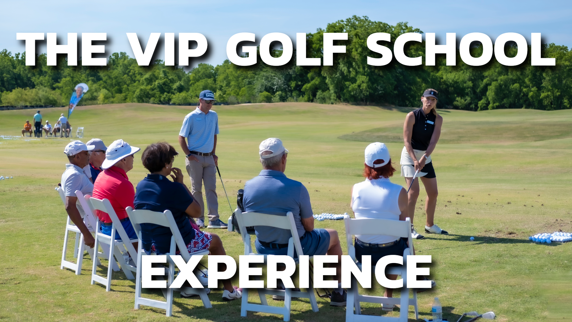 View of a small group of golfers being taught by professional Performance Golf coaches at a VIP Golf School experience.